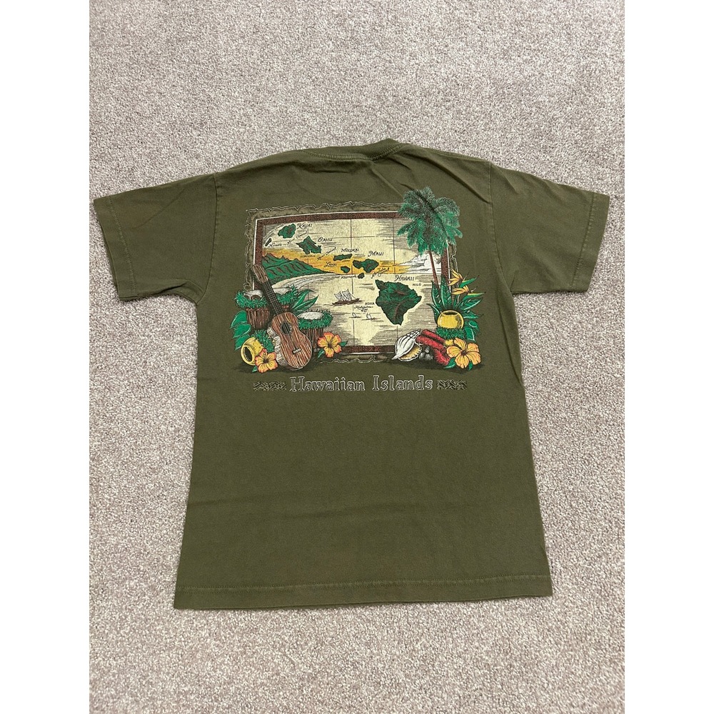 VTG Hawaii Map Graphic T Shirt Mens Small Olive Green Good Souvenir Tee